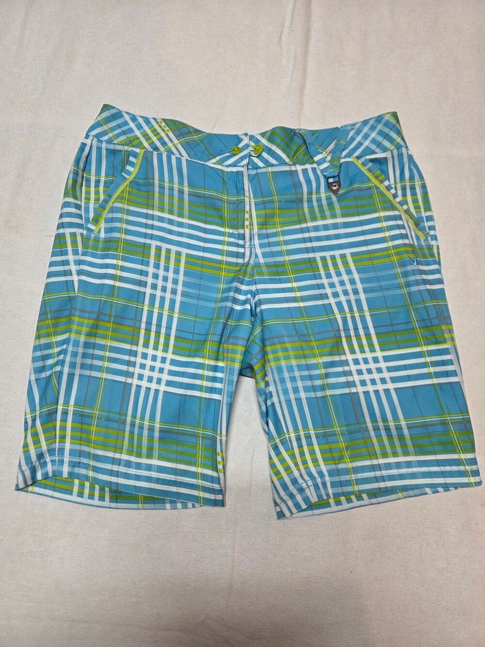 Callaway Blue, Green & White Plaid Flat Front Golf Shorts Size 10